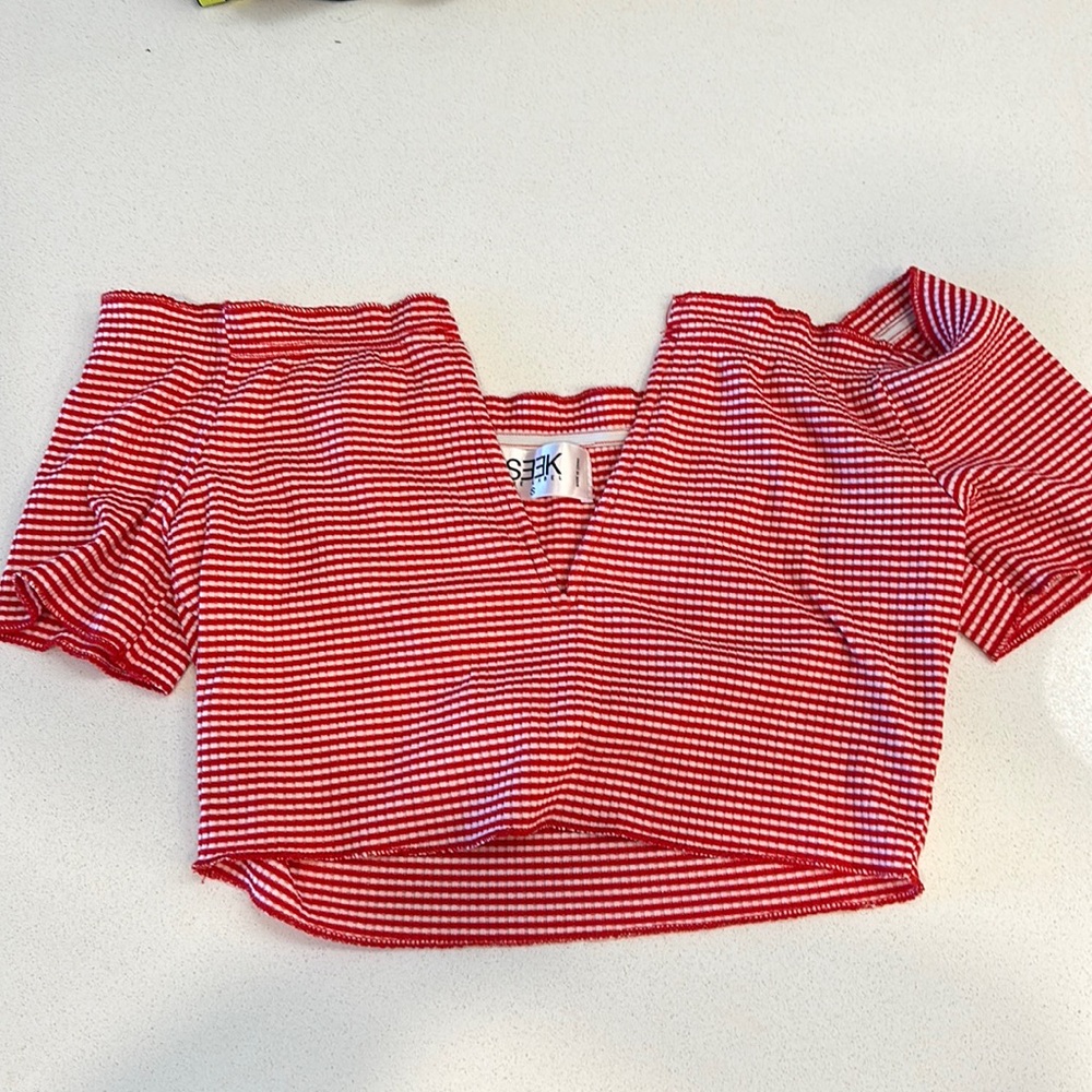 Red and white striped off the shoulder top